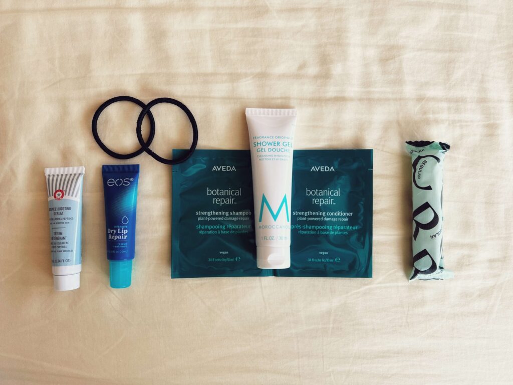 ultimate packing list for overseas travel should include product samples, they save space and you can throw them out when empty